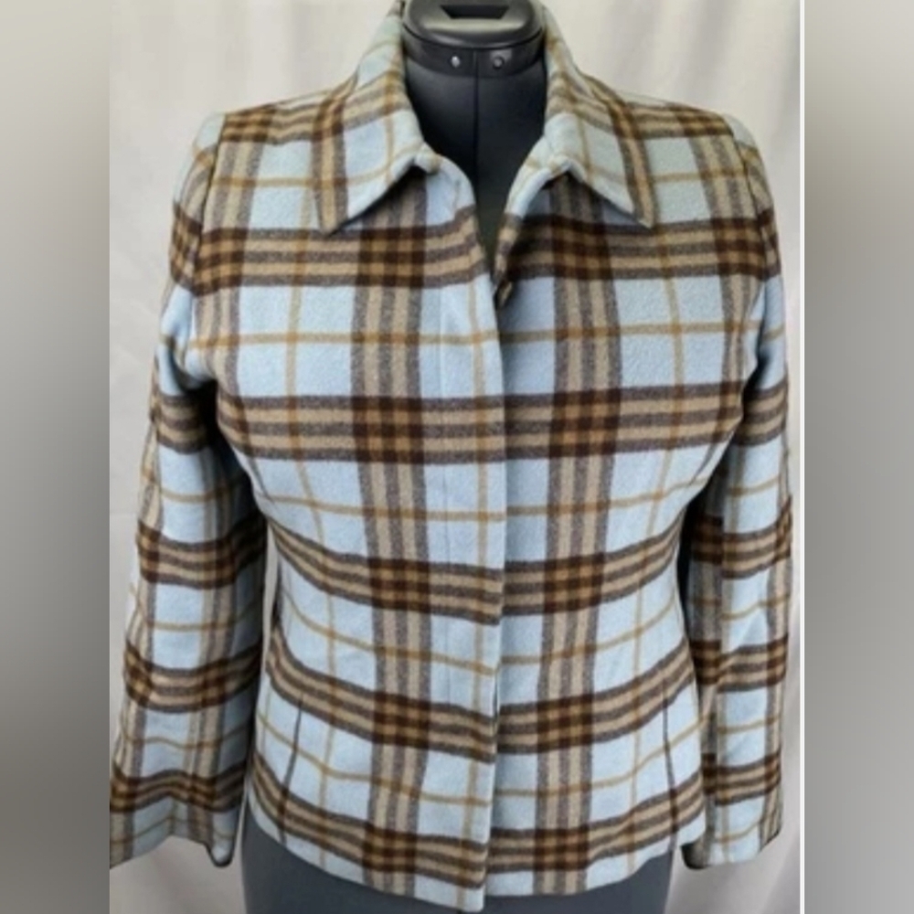 Doncaster Womens Plaid Wool Blazer Jacket Hidden Buttons Quiet Luxury